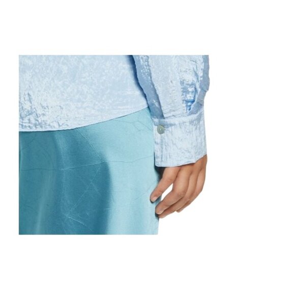 Vince Women's Blouse Double V-Neck Crinkle Cerulean Blue Long Sleeve 2X NEW - Picture 5 of 7